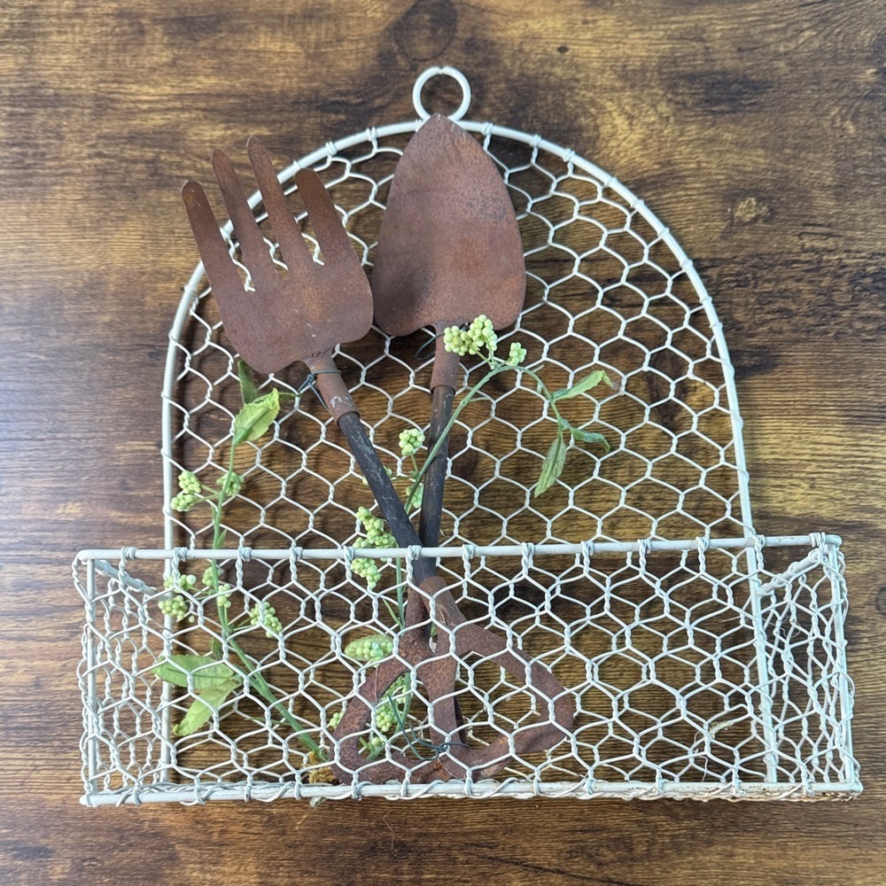Rustic Brown and Cream Wall Decor with Garden Tools